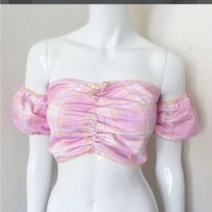 Dolls kill off shoulder plaid crop top pink